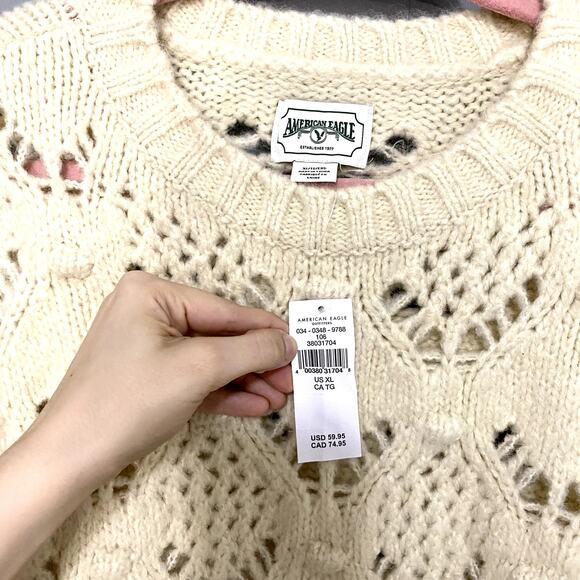 NEW American Eagle Cream Oversized Pointelle Crewneck Boho Sweater XL - Picture 3 of 8